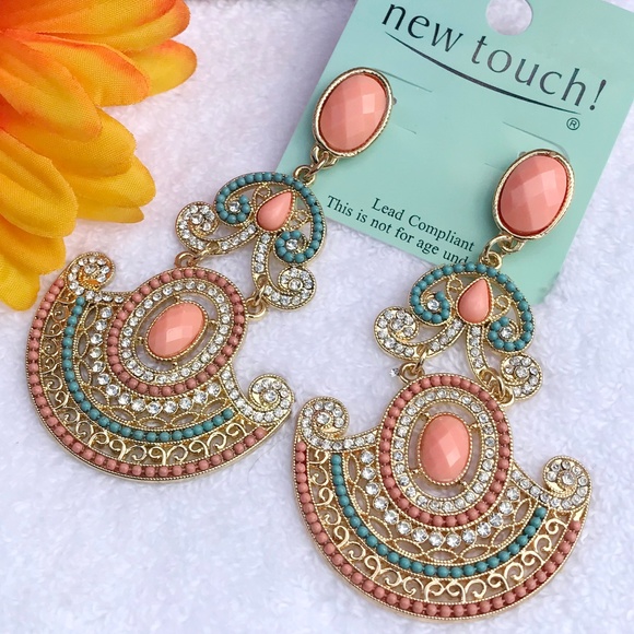 Boho Ethnic Earrings Rhinestone Dangles Goldtone - Picture 1 of 5